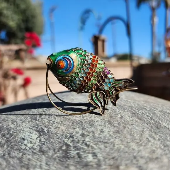 Vtg Old Chinese Export Fish Figurine Sterling Silver Gilt Cloisonne Articulated - Picture 15 of 16